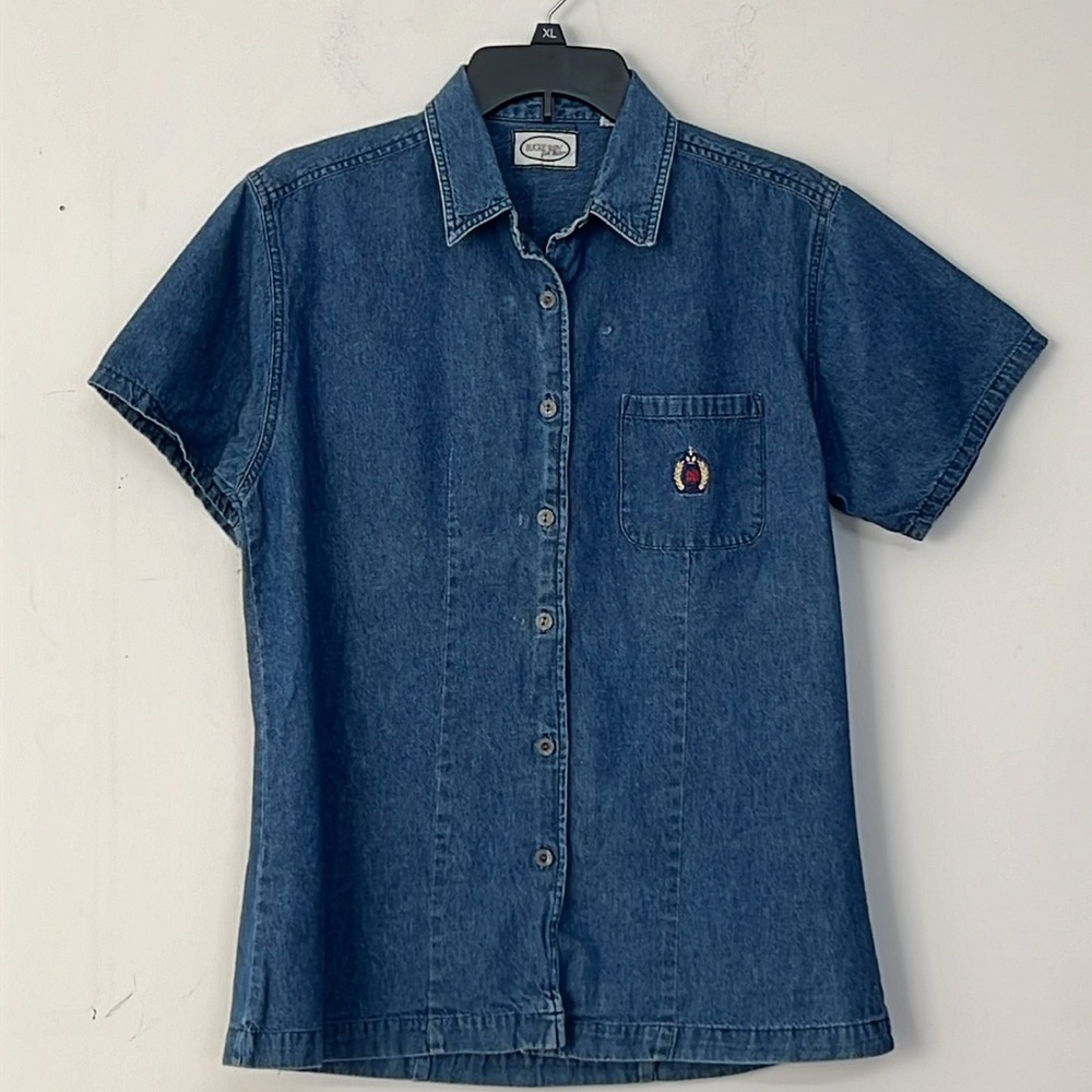 🌞 Bugle Boy For Her Vintage 90s short sleeve button up blue denim shirt M - Picture 15 of 16
